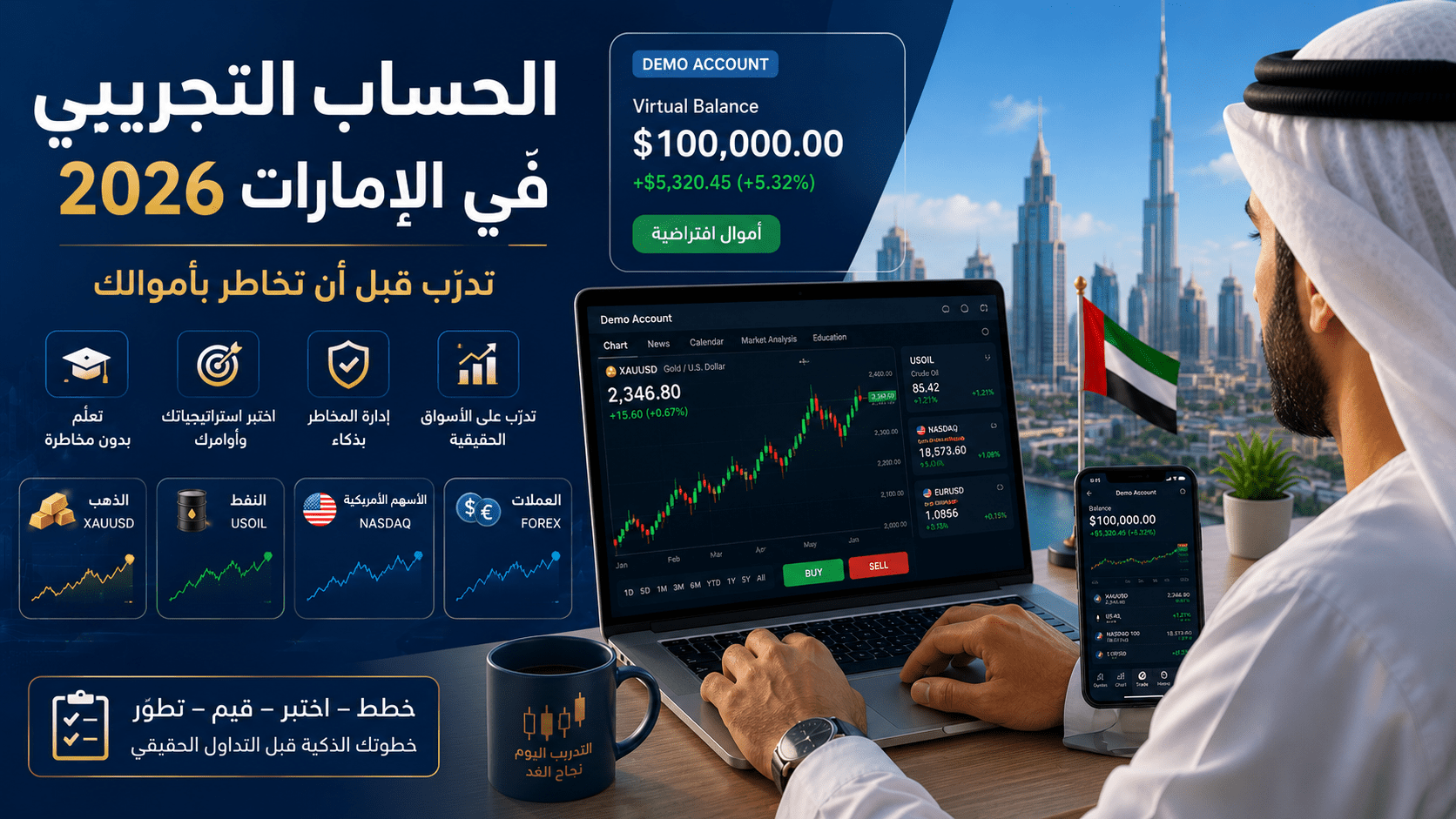 مستثمر إماراتي يتدرب على الحساب التجريبي في الإمارات قبل فتح حساب تداول حقيقي
