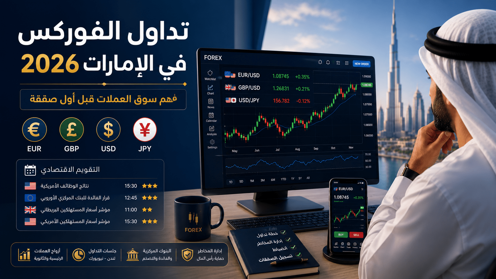 متداول إماراتي يتابع تداول الفوركس في الإمارات وأزواج العملات العالمية عبر منصة تداول احترافية